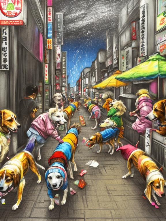 Prompt: pop art chalk pastel art of detailed dogs wearing clothes playing in the streets in japan during a festival, sketch, detailed background, highres, fun atmosphere, natural lighting,  abstract, fun