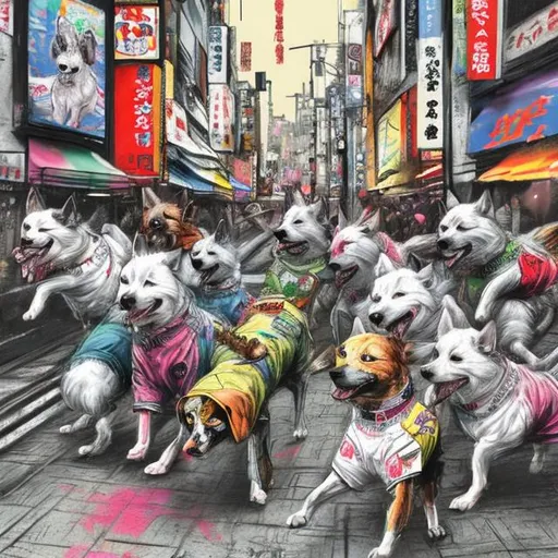 Prompt: pop art chalk pastel art of detailed dogs wearing gangster clothes playing in the streets in japan during a festival, sketch, detailed background, highres, fun atmosphere, natural lighting,  abstract, fun