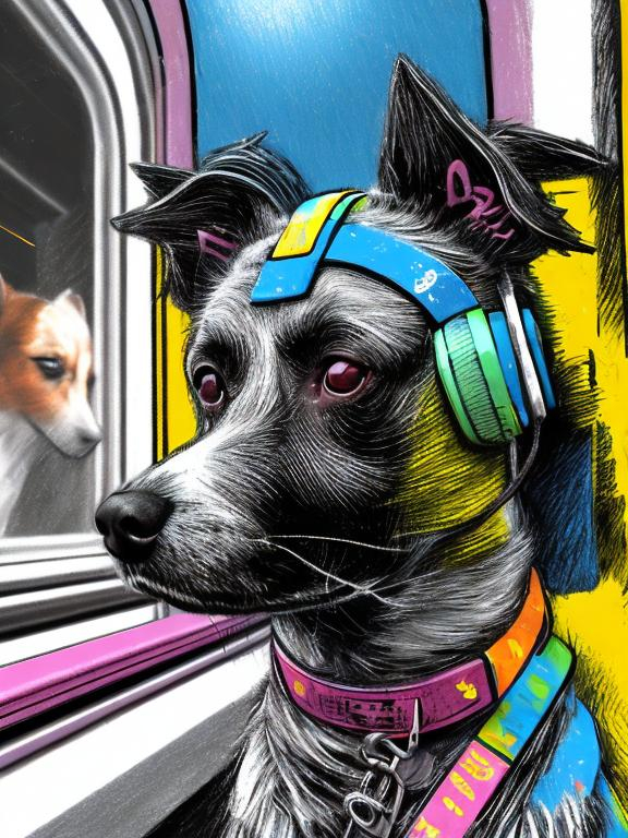 Prompt: pop art chalk pastel art of a detailed dog listening to music on the train in cyberpunk japan during a festival, sketch, detailed background, highres, fun atmosphere, natural lighting,  abstract, fun