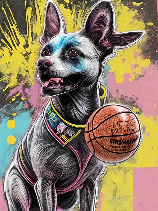 Prompt: pop art chalk pastel art of detailed dog at a basket ball game in cyberpunk japan, sketch, detailed background, highres, fun atmosphere, natural lighting,  abstract, fun