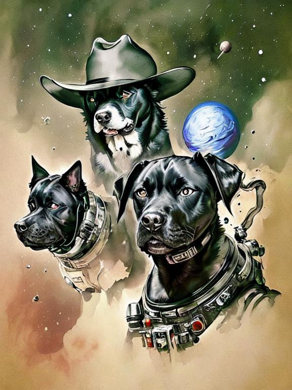 Prompt: Surrealism black dogs in cowboy outfits in space, abstract art style, cowboy hat, eerie atmosphere, floating celestial bodies, mysterious nebulae, dreamlike, surreal, high contrast, otherworldly, abstract, space, astronaut, fun atmosphere, celestial bodies, dreamlike, surreal, high contrast, mysterious, nebulae, dogs