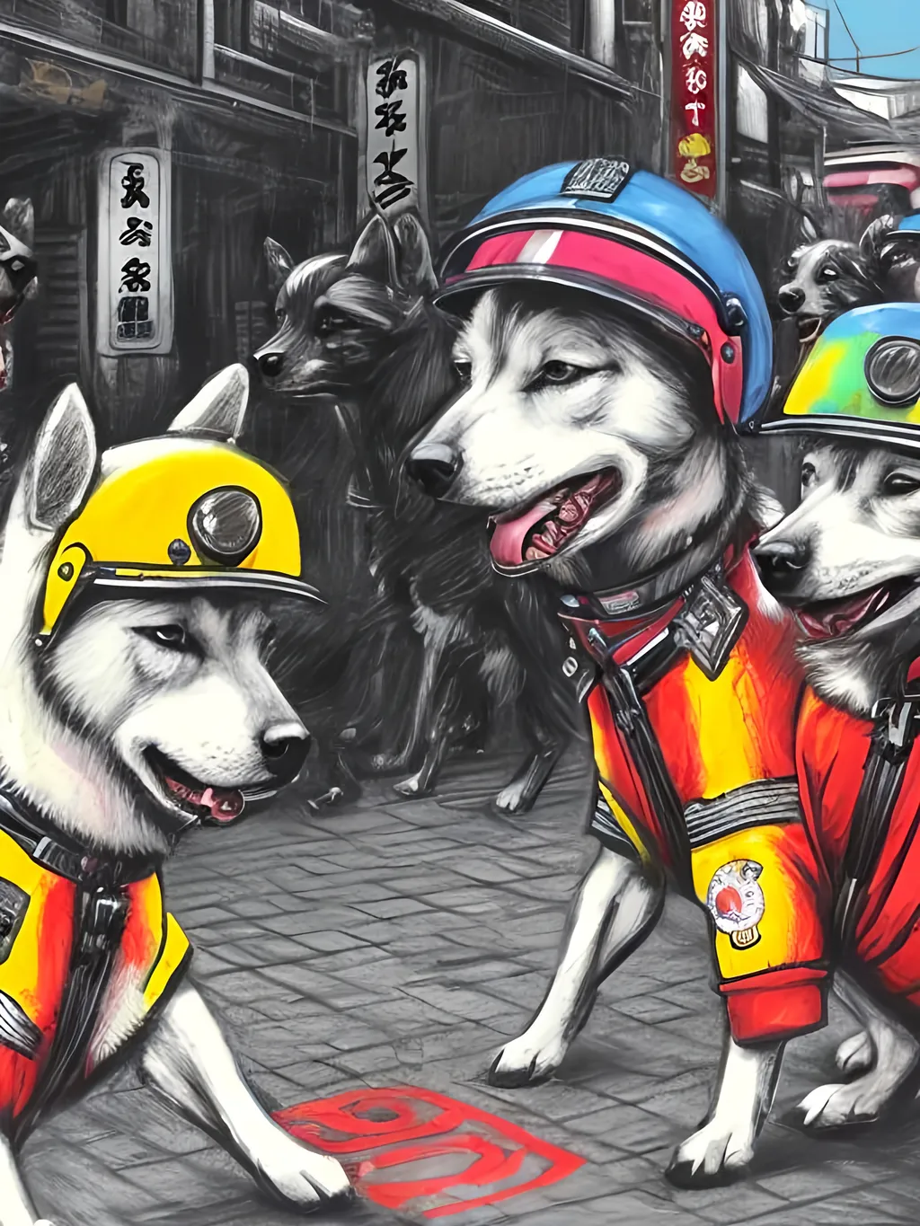 Prompt: pop art chalk pastel art of detailed dogs wearing pilot uniforms playing in the streets in japan during a festival, sketch, detailed background, highres, fun atmosphere, natural lighting,  abstract, fun