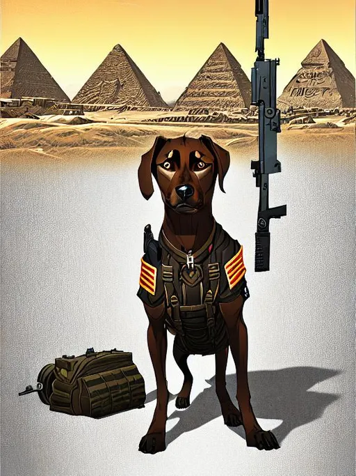 Prompt: black mountain cur dog in military gear in egypt 90s poster