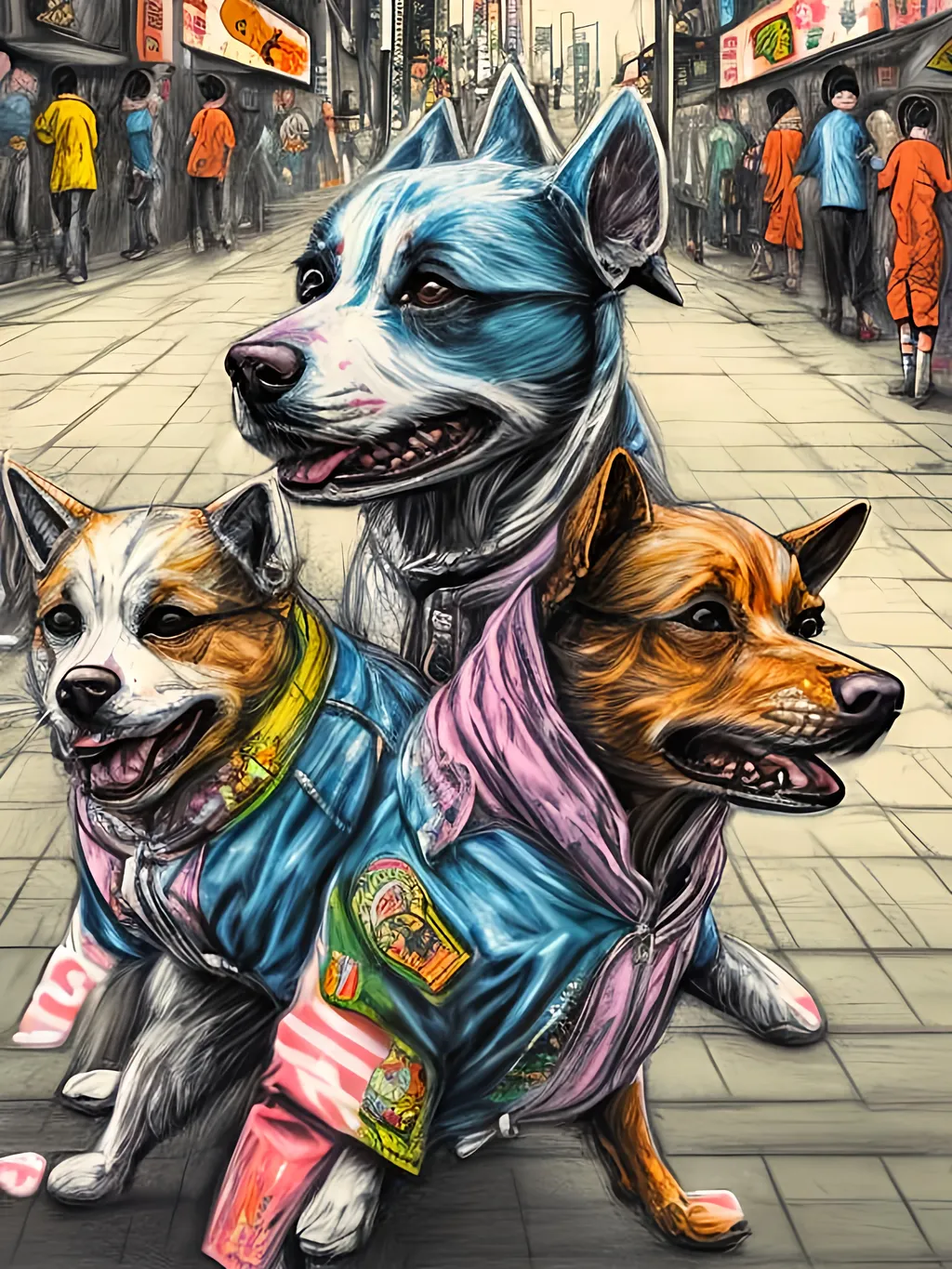 Prompt: pop art chalk pastel art of detailed dogs wearing gangster clothes playing in the streets in japan during a festival, sketch, detailed background, highres, fun atmosphere, natural lighting,  abstract, fun