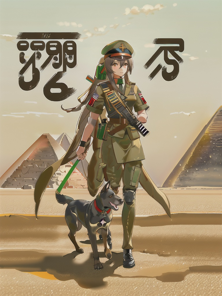 Prompt: black mountain cur dog in military gear in egypt