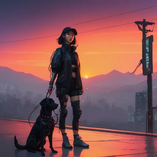 Prompt: sunset cyberpunk with mountain cur black dog no tail and korean girl