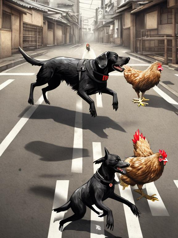 Prompt: a black dog wearing a nazi uniform chasing a chicken in the streets in japan, sketch, detailed background, highres, fun atmosphere, natural lighting, pastel colors, abstract, fun