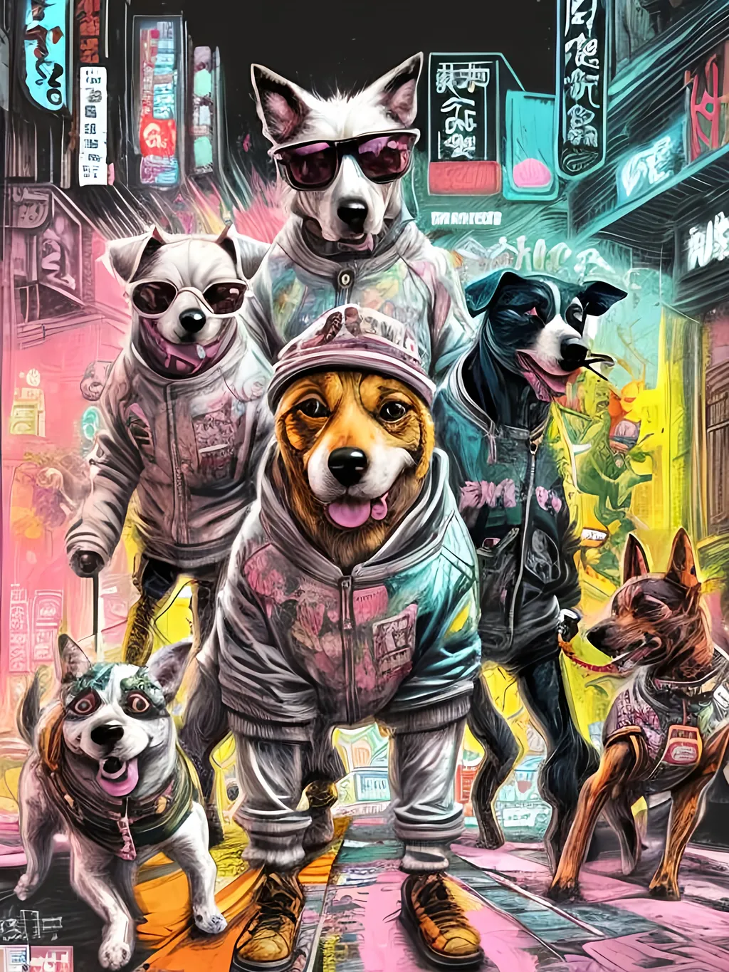 Prompt: pop art chalk pastel art of detailed dogs wearing gangster clothes playing in the streets in cyberpunk japan during a festival, sketch, detailed background, highres, fun atmosphere, natural lighting,  abstract, fun
