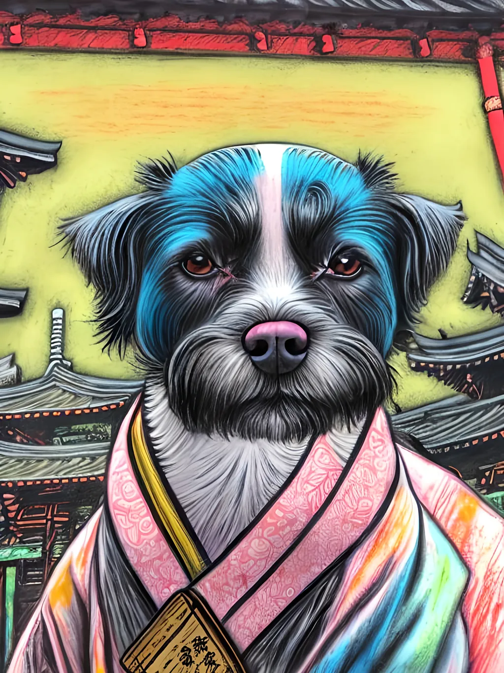 Prompt: pop art chalk pastel style of a  detailed dog in a kimono at a shrine, sketch, detailed background, highres, fun atmosphere, natural lighting,  abstract, fun