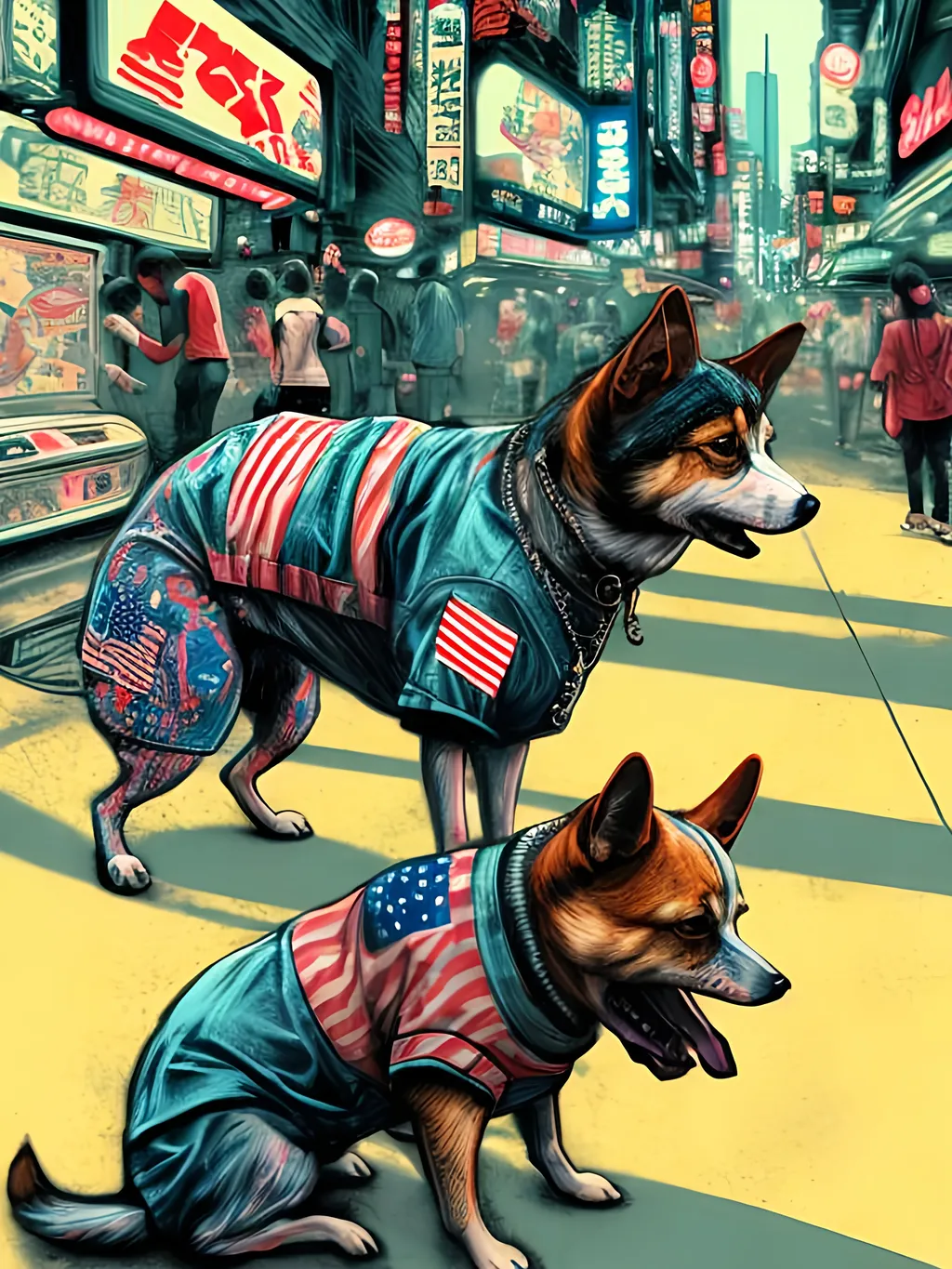 Prompt: pop art chalk pastel art of detailed dog wearing USA clothes playing in the streets in cyberpunk japan during a festival, sketch, detailed background, highres, fun atmosphere, natural lighting,  abstract, fun