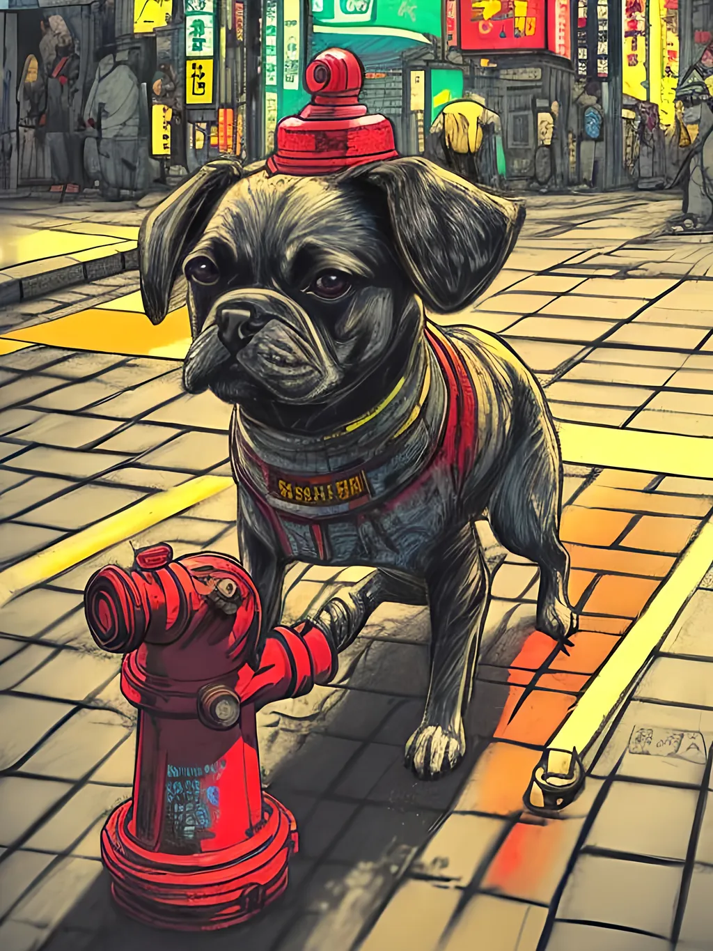 Prompt: pop art chalk pastel art of detailed dog taking a piss on a fire hydrant in cyberpunk japan during a festival, sketch, detailed background, highres, fun atmosphere, natural lighting,  abstract, fun