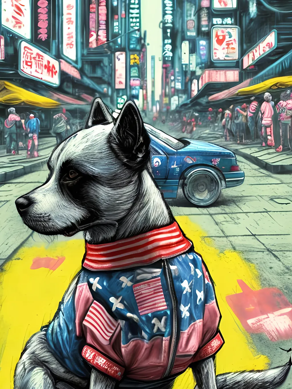 Prompt: pop art chalk pastel art of detailed dog wearing USA clothes playing in the streets in cyberpunk japan during a festival, sketch, detailed background, highres, fun atmosphere, natural lighting,  abstract, fun