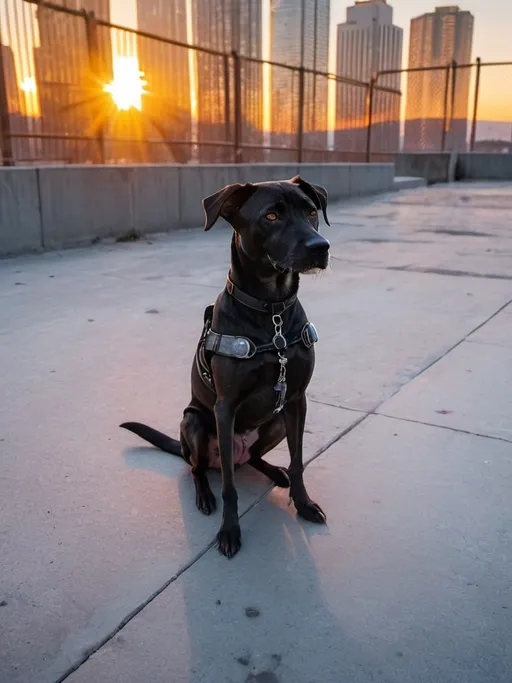 Prompt: mountain cur black dog in cyberpunk city with sun set