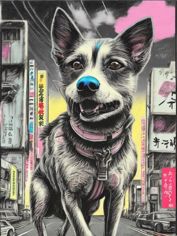 Prompt: pop art chalk pastel art of a detailed dog with a polaroid camera on the streets in post-apocalyptic Japan during a festival with planes in the background, sketch, detailed background, highres, fun atmosphere, natural lighting,  abstract, fun