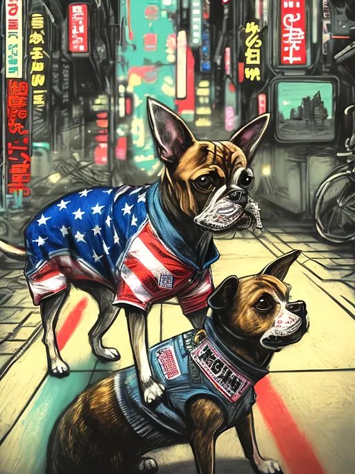 Prompt: pop art chalk pastel art of detailed dog wearing USA clothes playing in the streets in cyberpunk japan during a festival, sketch, detailed background, highres, fun atmosphere, natural lighting,  abstract, fun