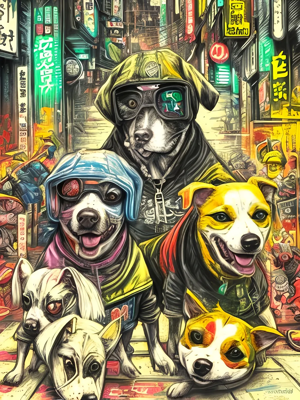 Prompt: pop art chalk pastel art of detailed dogs wearing gangster clothes playing in the streets in cyberpunk japan during a festival, sketch, detailed background, highres, fun atmosphere, natural lighting,  abstract, fun
