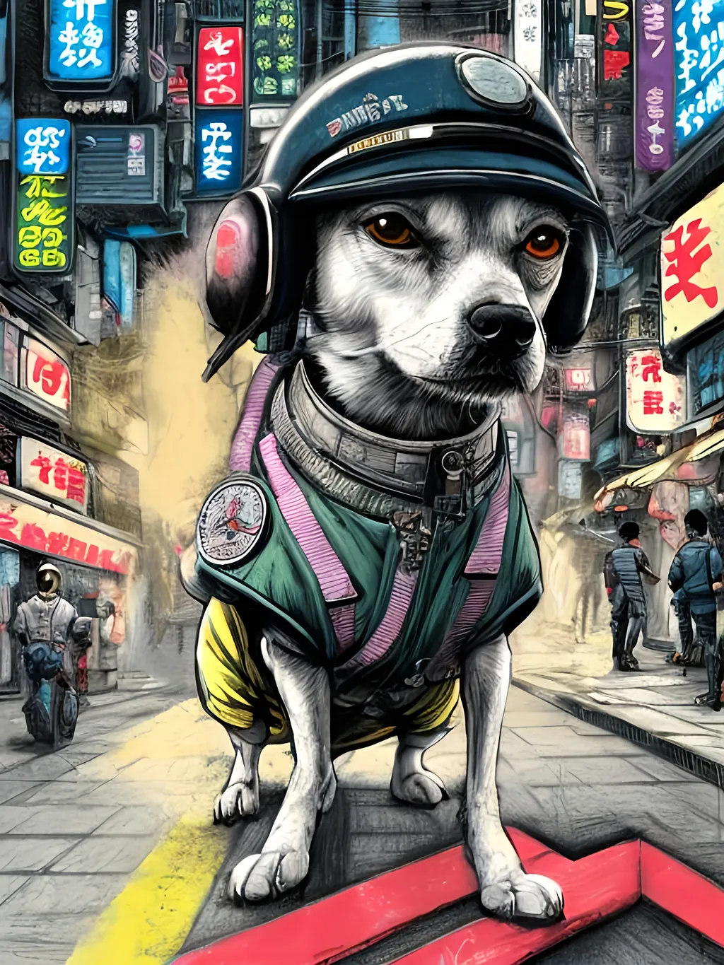 Prompt: pop art chalk pastel art of a detailed dog wearing a pilot uniform playing in the streets in cyberpunk japan during a festival, sketch, detailed background, highres, fun atmosphere, natural lighting,  abstract, fun