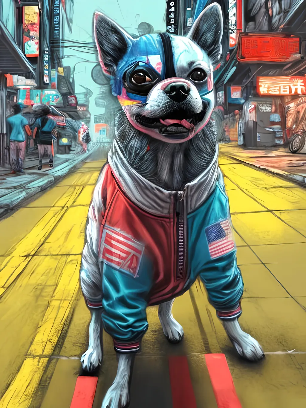 Prompt: pop art chalk pastel art of detailed dog wearing usa clothes playing in the streets in cyberpunk japan during a festival, sketch, detailed background, highres, fun atmosphere, natural lighting,  abstract, fun