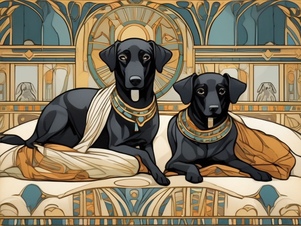 Prompt: Art Nouveau style black dogs in egyptian clothing