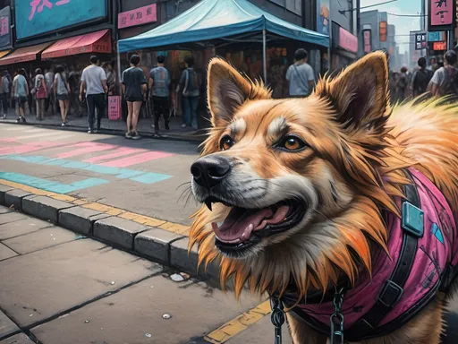 Prompt: a detailed grunge dog in cyberpunk Japan festival, chalk pastel, natural lighting, highres, detailed streets, fun, cyberpunk, detailed fur, vibrant colors, lively atmosphere, street festival, urban setting, chalk pastel art, detailed background, Japan, pop art, festival vibes, sketch