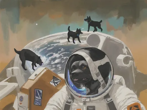 Prompt: abstract style art of black dogs in space in astronaut outfits