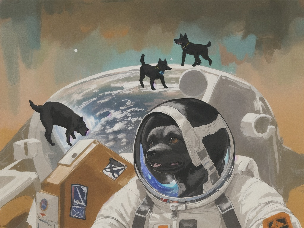 Prompt: abstract style art of black dogs in space in astronaut outfits