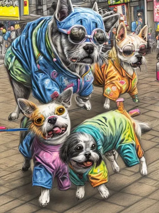 Prompt: pop art chalk pastel art of detailed dogs wearing clothes playing in the streets in japan during a festival, sketch, detailed background, highres, fun atmosphere, natural lighting,  abstract, fun