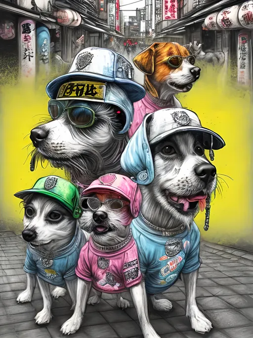 Prompt: pop art chalk pastel art of detailed dogs wearing gangster clothes playing in the streets in japan during a festival, sketch, detailed background, highres, fun atmosphere, natural lighting,  abstract, fun