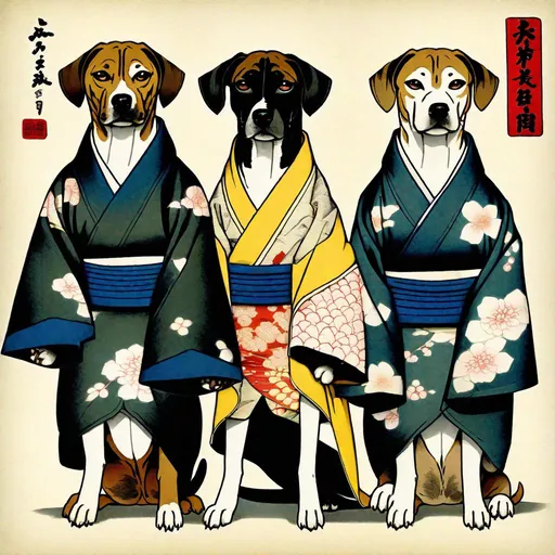 Prompt: black mountain cur dogs in hiroshige wearing yakuza clothes