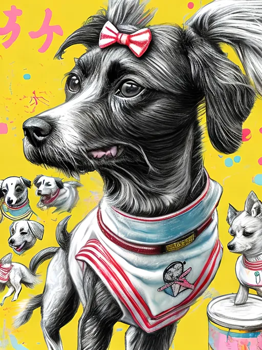 Prompt: pop art chalk pastel art of detailed dogs wearing sailor uniforms playing in the streets in cyberpunk japan during a festival, sketch, detailed background, highres, fun atmosphere, natural lighting,  abstract, fun