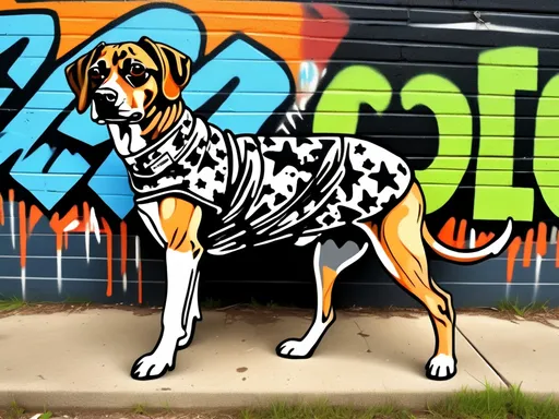 Prompt: Mountain cur black dog in redneck clothing graffiti art style