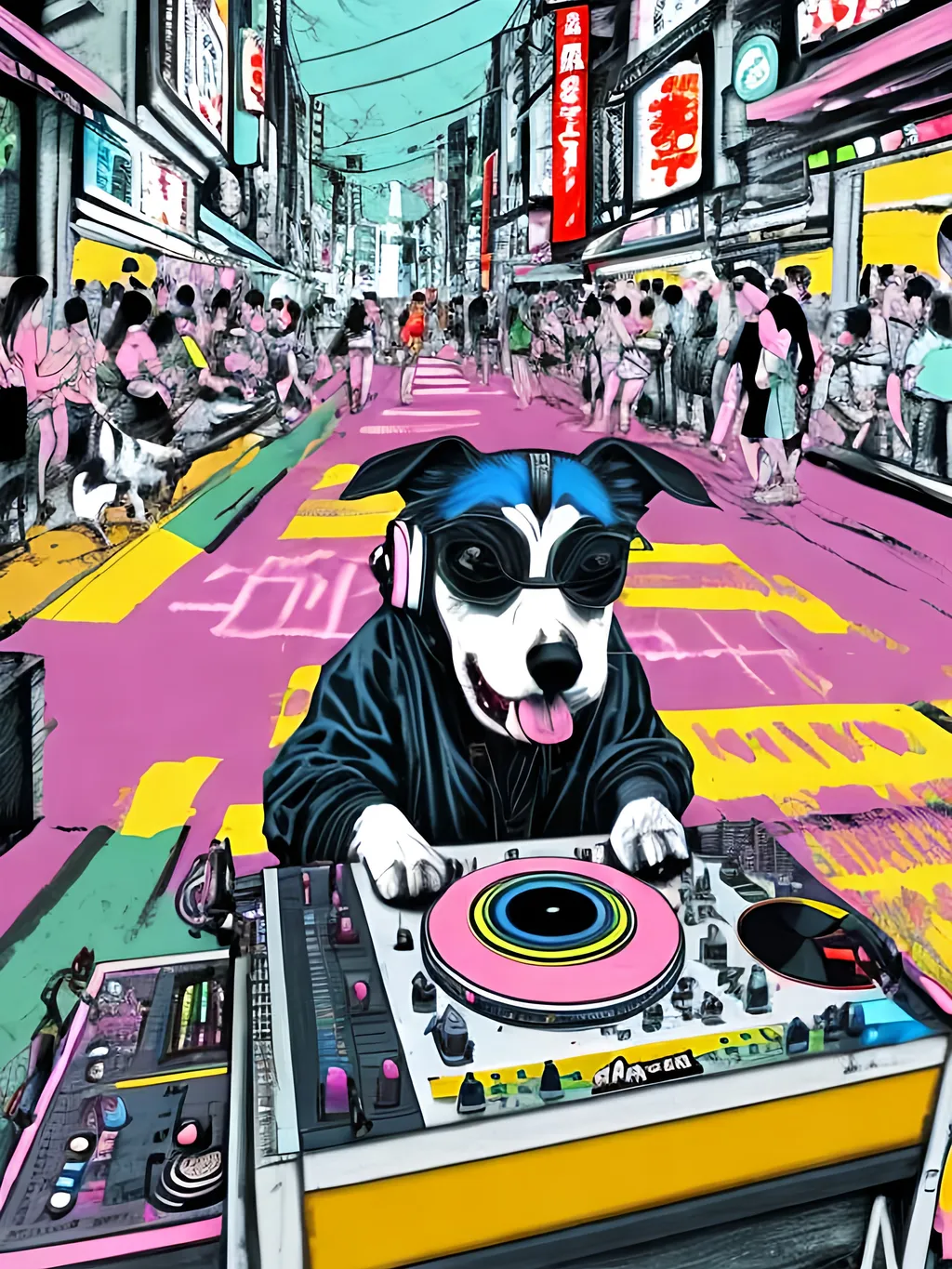 Prompt: pop art chalk pastel art of detailed dog DJing in the streets in Japan during a festival, sketch, detailed background, highres, fun atmosphere, natural lighting,  abstract, fun