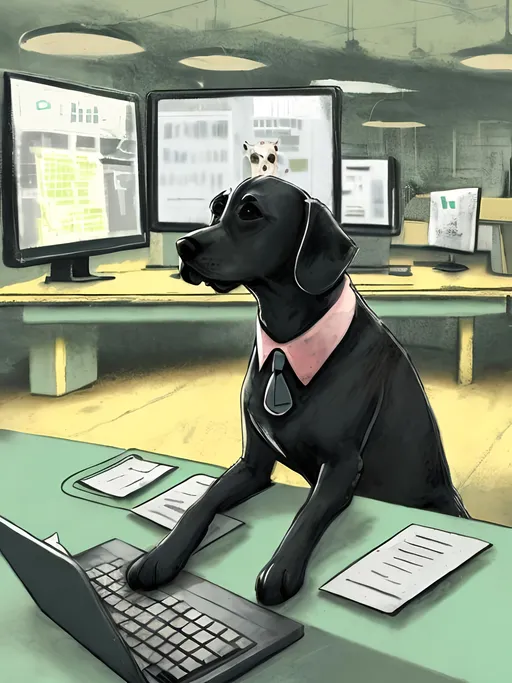 Prompt: chalk pastel style of a  detailed dog typing at a desk in a modern city office, sketch, detailed background, highres, fun atmosphere, natural lighting,  abstract, fun