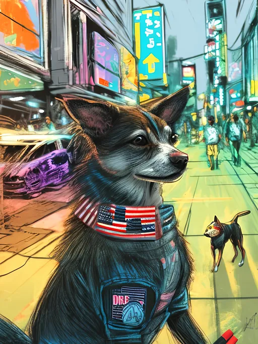 Prompt: pop art chalk pastel art of detailed dog wearing USA clothes playing in the streets in cyberpunk japan during a festival, sketch, detailed background, highres, fun atmosphere, natural lighting,  abstract, fun