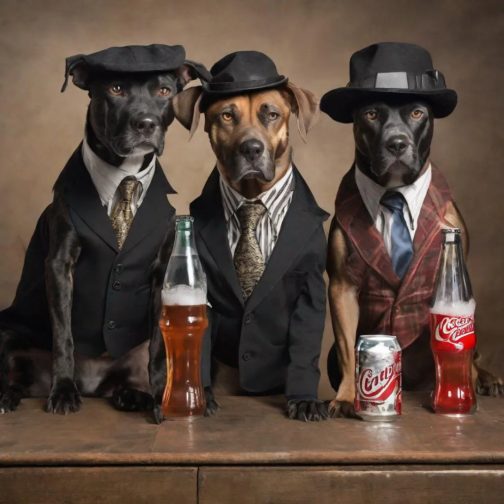 Prompt: black mountain cur dogs dressed like gangster drinking soda