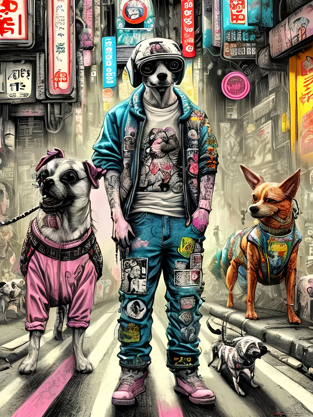 Prompt: pop art chalk pastel art of detailed dogs wearing gangster clothes playing in the streets in cyberpunk japan during a festival, sketch, detailed background, highres, fun atmosphere, natural lighting,  abstract, fun
