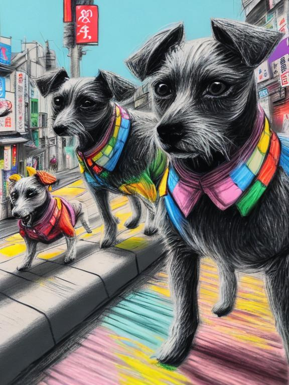 Prompt: pop art chalk pastel art of detailed dogs wearing clothes playing in the streets in japan during a festival, sketch, detailed background, highres, fun atmosphere, natural lighting,  abstract, fun