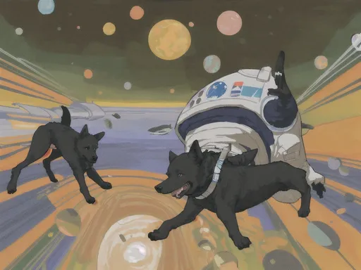 Prompt: abstract style art of black dogs in space in astronaut outfits