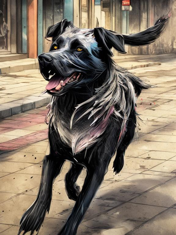 Prompt: a black dog wearing clothes chasing a chicken in the streets, sketch, detailed background, highres, fun atmosphere, natural lighting, pastel colors, abstract, fun