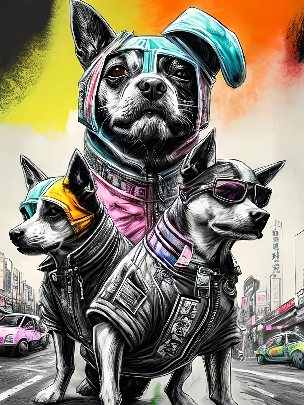 Prompt: pop art chalk pastel art of detailed dogs wearing gangster clothes playing in the streets in cyberpunk japan during a festival, sketch, detailed background, highres, fun atmosphere, natural lighting,  abstract, fun