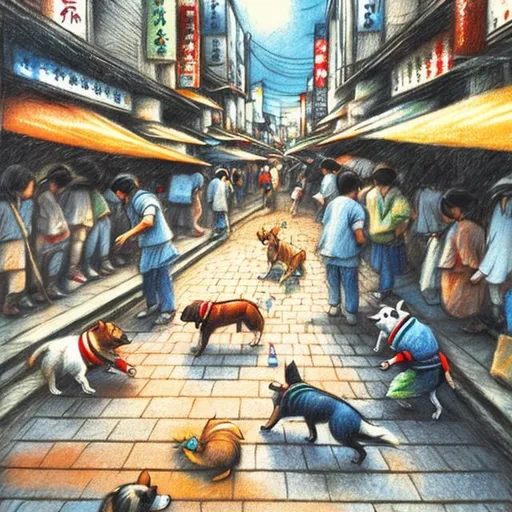 Prompt: etchy chalk pastel art of dogs playing in the streets in japan during a festival, sketch, detailed background, highres, fun atmosphere, natural lighting, pastel colors, abstract, fun