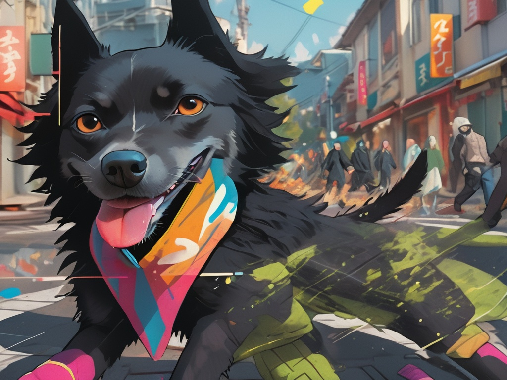 Prompt: black dog wearing ninja clothes having fun in the streets with a battle in the background, dogs, abstract art, Screen print, splash screen art, digital art, 8k resolution trending on Artstation, golden ratio, akira, rule of thirds, geometric bauhaus, Studio Ghibli, Anime Key Visual, by Makoto Shinkai, Deep Color, Intricate, 8k resolution concept art, Natural Lighting, Beautiful Composition