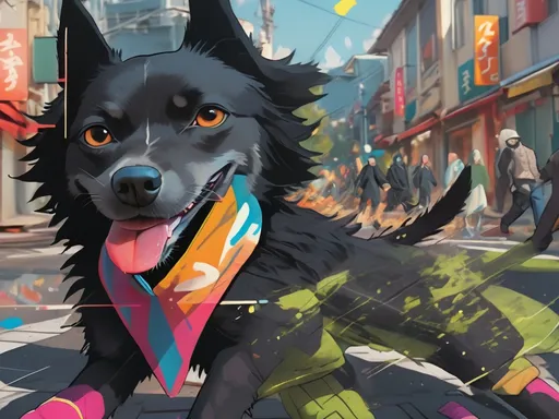 Prompt: black dog wearing ninja clothes having fun in the streets with a battle in the background, dogs, abstract art, Screen print, splash screen art, digital art, 8k resolution trending on Artstation, golden ratio, akira, rule of thirds, geometric bauhaus, Studio Ghibli, Anime Key Visual, by Makoto Shinkai, Deep Color, Intricate, 8k resolution concept art, Natural Lighting, Beautiful Composition