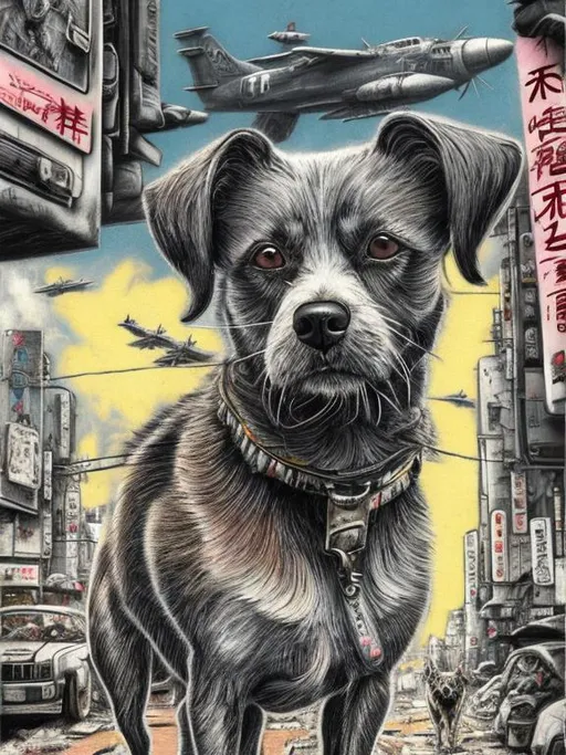 Prompt: pop art chalk pastel art of a detailed dog on the streets in post-apocalyptic Japan during a festival with planes in the background, sketch, detailed background, highres, fun atmosphere, natural lighting,  abstract, fun