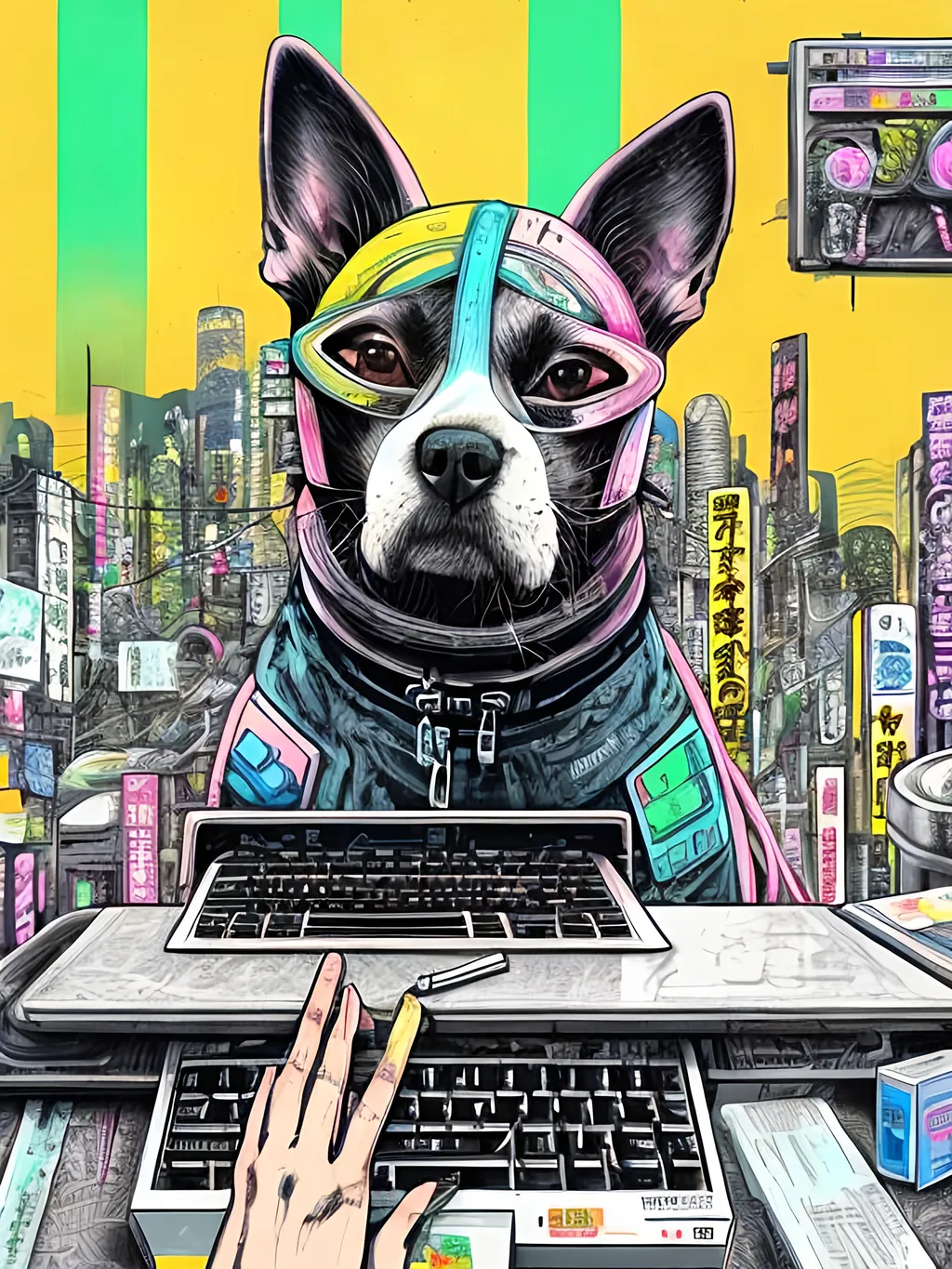 Prompt: pop art chalk pastel art of detailed dog hacking computers in cyberpunk japan, sketch, detailed background, highres, fun atmosphere, natural lighting,  abstract, fun