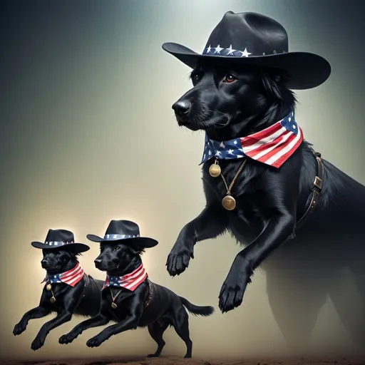 Prompt: Surreal, abstract art of black dogs in patriotic soldier outfits, cowboy hat, high contrast, dreamlike, otherworldly, fun atmosphere, mysterious, professional art, abstract, highres, vibrant colors, atmospheric lighting, USA, surreal style, vibrant, high-quality