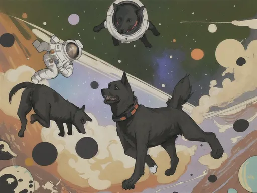 Prompt: abstract style art of black dogs in space in astronaut outfits