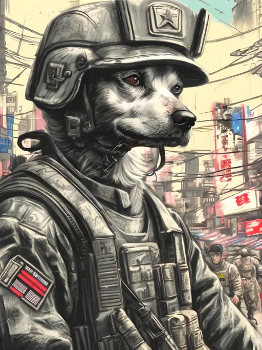 Prompt: pop art chalk pastel art of detailed dog wearing military uniforms<mymodel> playing in the streets in cyberpunk japan during a festival, sketch, detailed background, highres, fun atmosphere, natural lighting,  abstract, fun