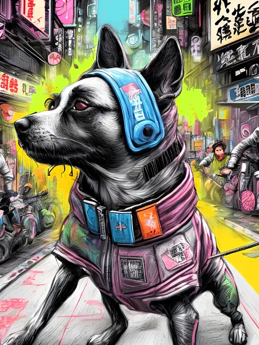 Prompt: pop art chalk pastel art of detailed dogs wearing gangster clothes playing in the streets in cyberpunk japan during a festival, sketch, detailed background, highres, fun atmosphere, natural lighting,  abstract, fun