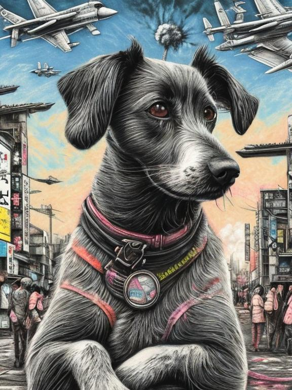 Prompt: pop art chalk pastel art of a detailed dog on the streets in post-apocalyptic Japan during a festival with planes in the background, sketch, detailed background, highres, fun atmosphere, natural lighting,  abstract, fun